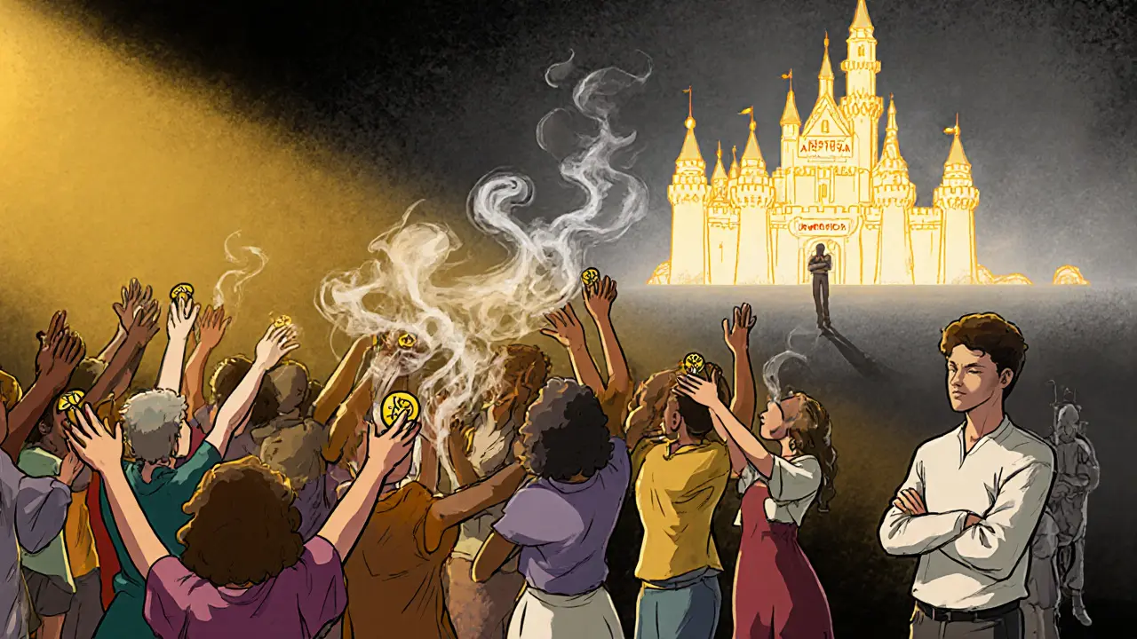 Des gens reçoivent des jetons VOW qui se transforment en fumée, tandis qu&#039;un projet crypto solide brille au loin.