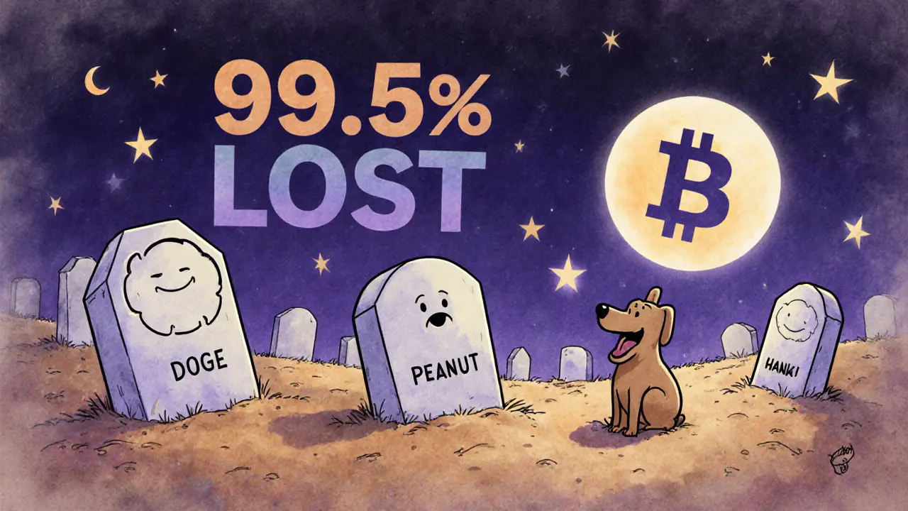 Un cimetière de jetons meme avec une petite pierre tombale oubliée pour HANK, sous une lune en forme de logo crypto.