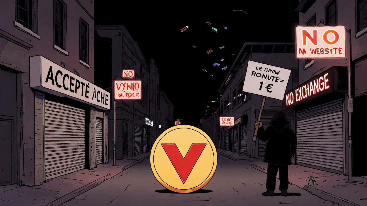 Un jeton VOW seul sur une rue numérique vide, entouré de panneaux indiquant son manque de crédibilité.