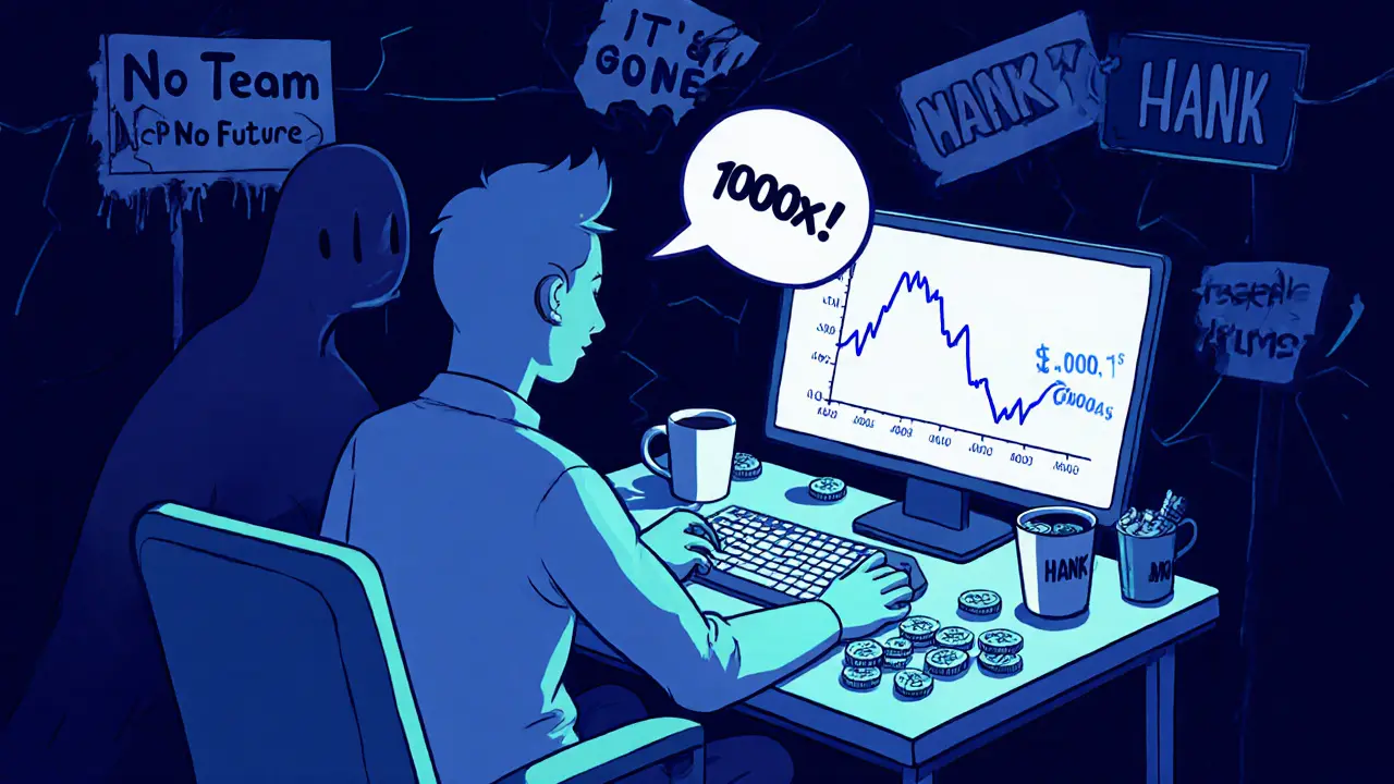 Un trader seul devant un écran qui affiche une chute de prix HANK, avec des signes &#039;Pas d&#039;équipe&#039; et &#039;Pas d&#039;avenir&#039;.