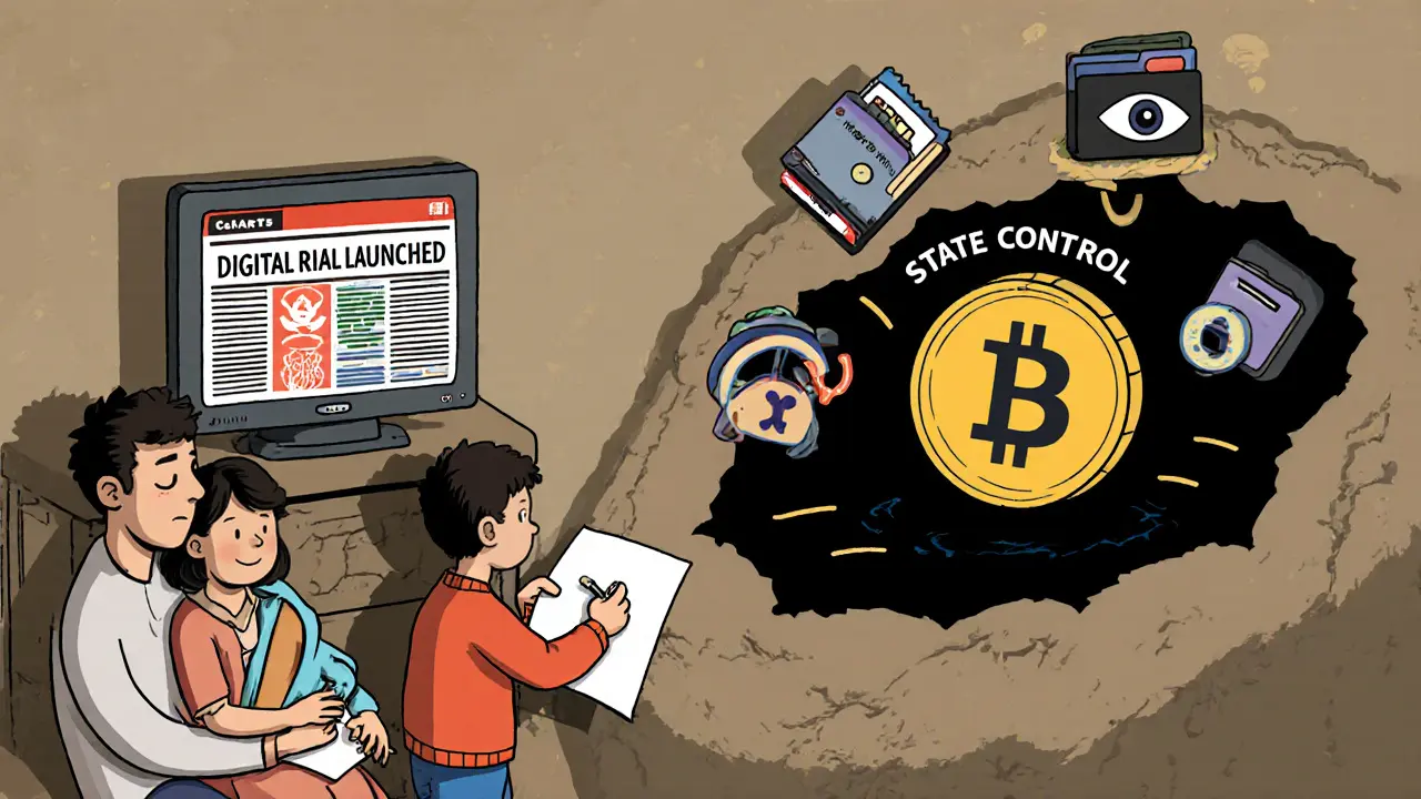 Une famille iranienne regardant la monnaie numérique de l&#039;État, tandis que leurs tentatives de posséder des cryptos disparaissent dans un trou noir de contrôle étatique.