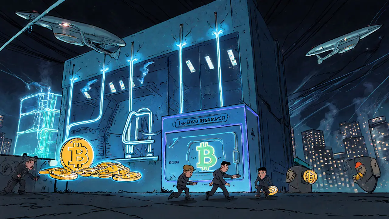 Une ferme de minage contrôlée par l&#039;État avec des Bitcoins stockés dans un coffre, tandis que des mineurs privés sont chassés par des drones de surveillance.