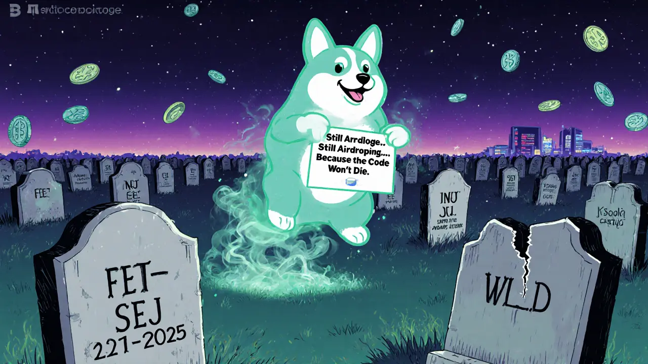 Un fantôme de corgi flotte au-dessus d&#039;un cimetière de projets crypto, avec un tombeau marqué &#039;Corgidoge&#039;.