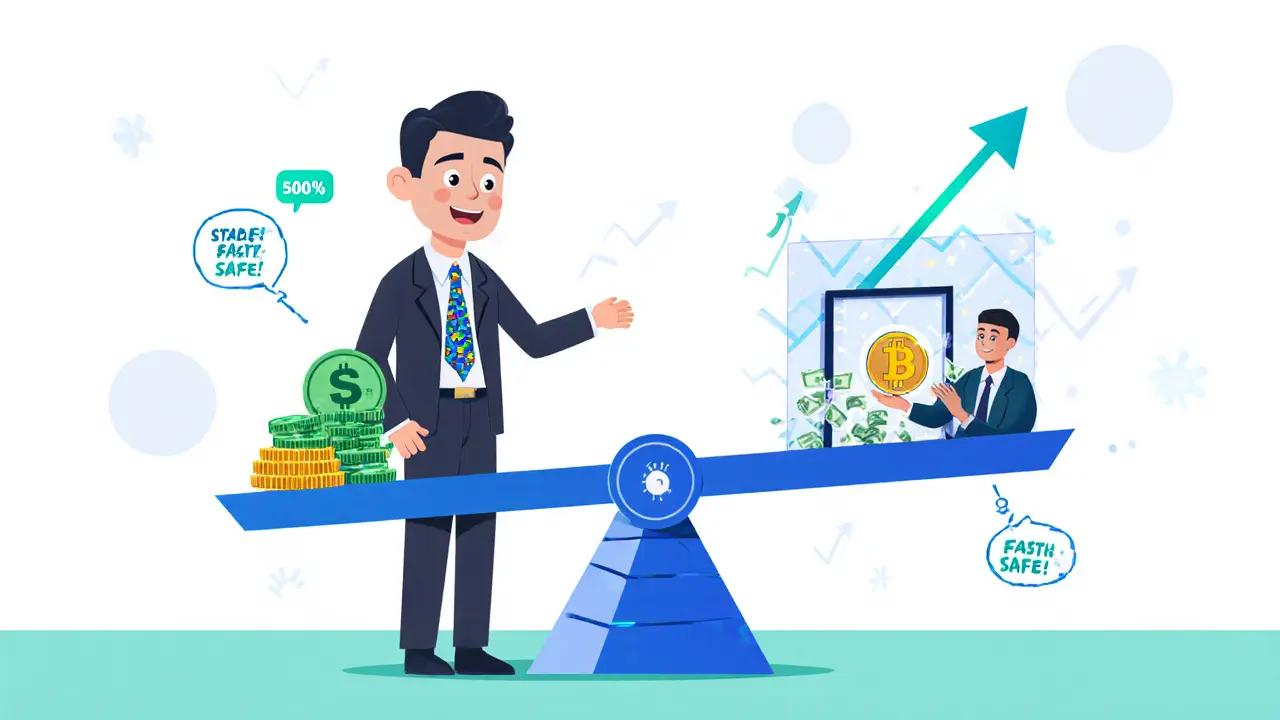 Une balance géante compare bolivianos et stablecoins sous l&#039;œil bienveillant de la banque centrale.