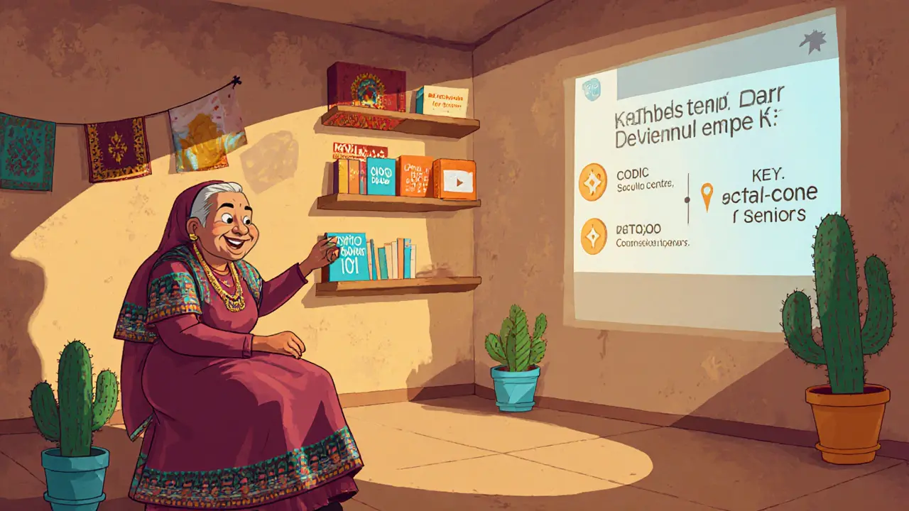 Une femme âgée apprend à sécuriser son portefeuille crypto dans un atelier communautaire.