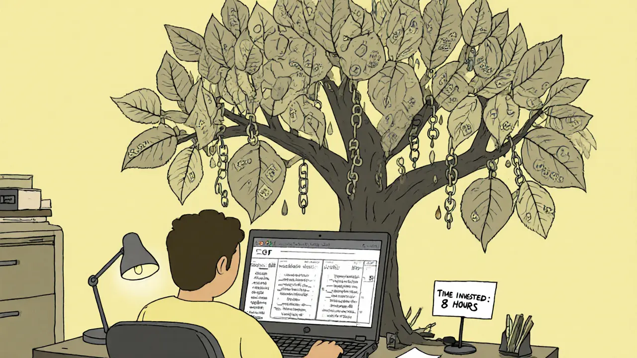 Une personne regarde un écran rempli de milliards de jetons CORGI presque sans valeur, dans un style cartoon doux et mélancolique.