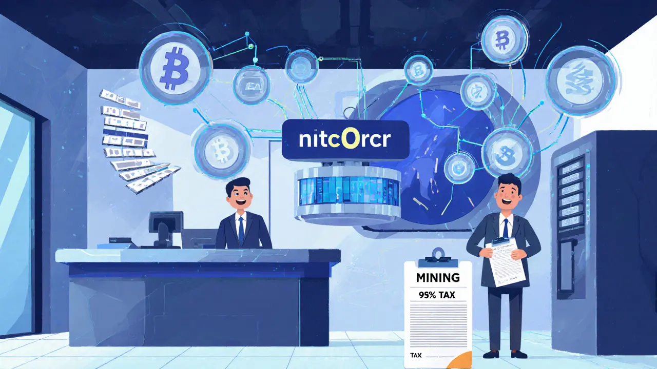 Un bureau des impôts portugais futuriste avec des données crypto fluant vers un hub UE MiCAR et un reçu d&#039;électricité pour le minage.