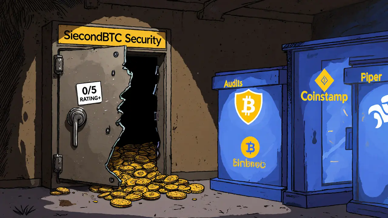 Un coffre-fort cassé SecondBTC avec des pièces qui s&#039;échappent, comparé à des échanges sécurisés et modernes.