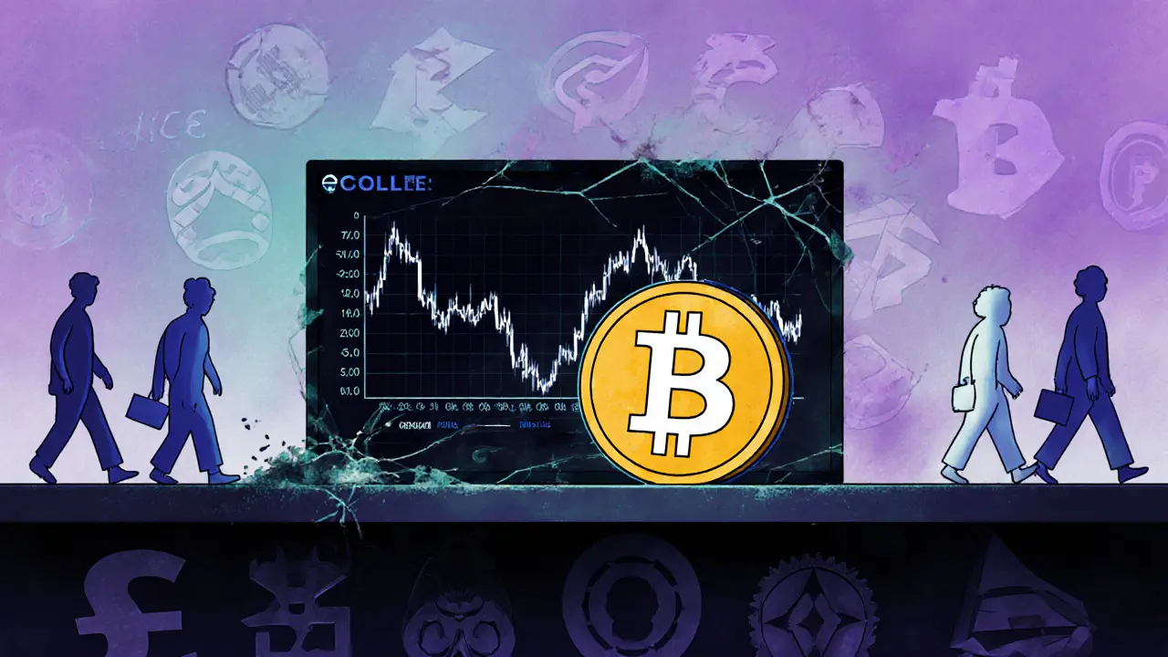 Un jeton COLLE isolé sur un marché numérique vide, avec un prix en chute libre.