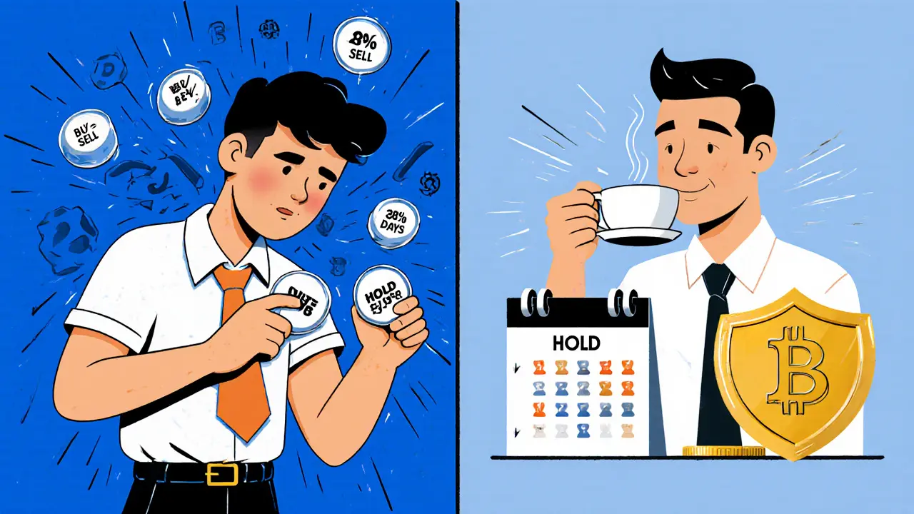 Un trader stressé à gauche, un investisseur calme à droite, avec des icônes de taxes et un bouclier protégeant des actifs crypto.