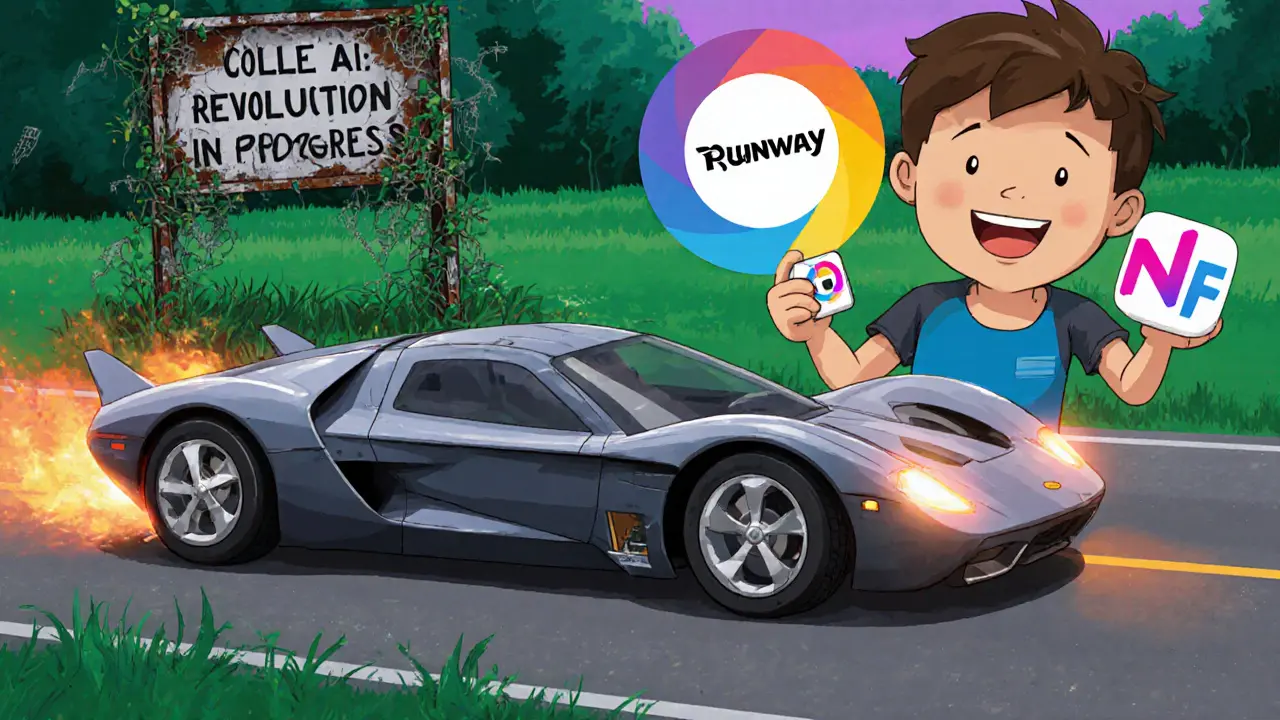 Une voiture sans roues symbolise Colle AI, tandis qu’un utilisateur utilise des outils éprouvés.