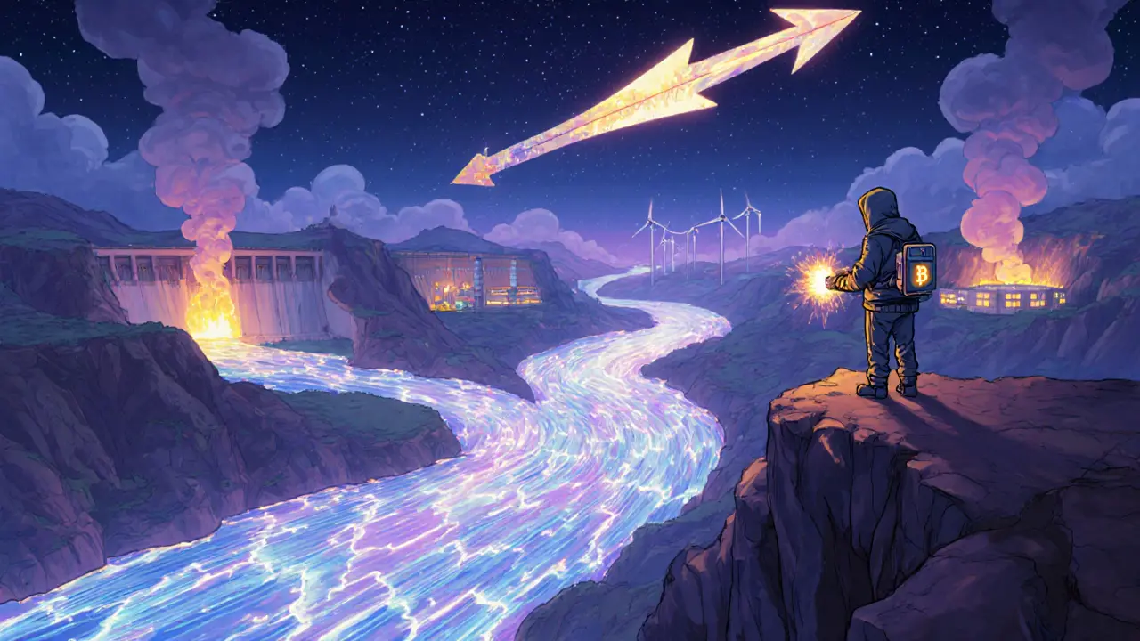 Chaîne de blocs Bitcoin comme une rivière énergétique vers un avenir de 1 000 EH/s.