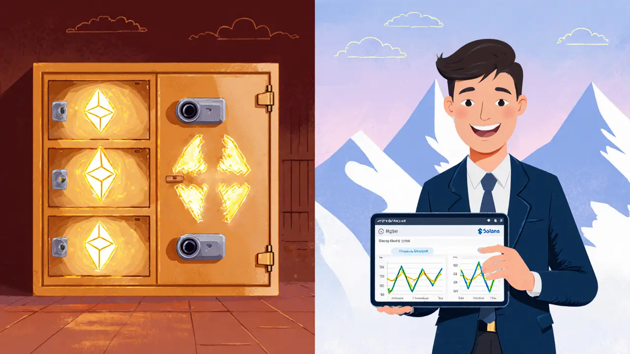 Coffre-fort suisse avec clés cryptographiques séparées et banquier montrant des récompenses de staking.