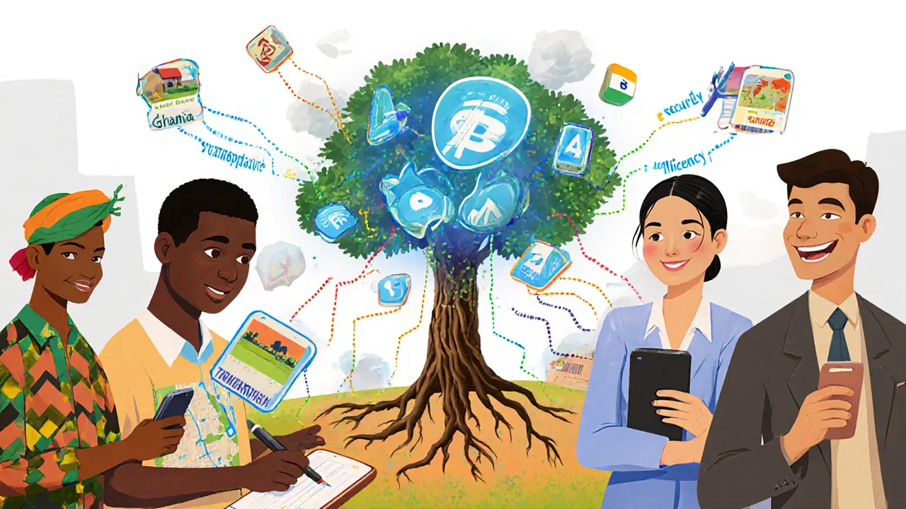 Des citoyens utilisent des téléphones pour vérifier des propriétés sur un registre blockchain avec des icônes animées.