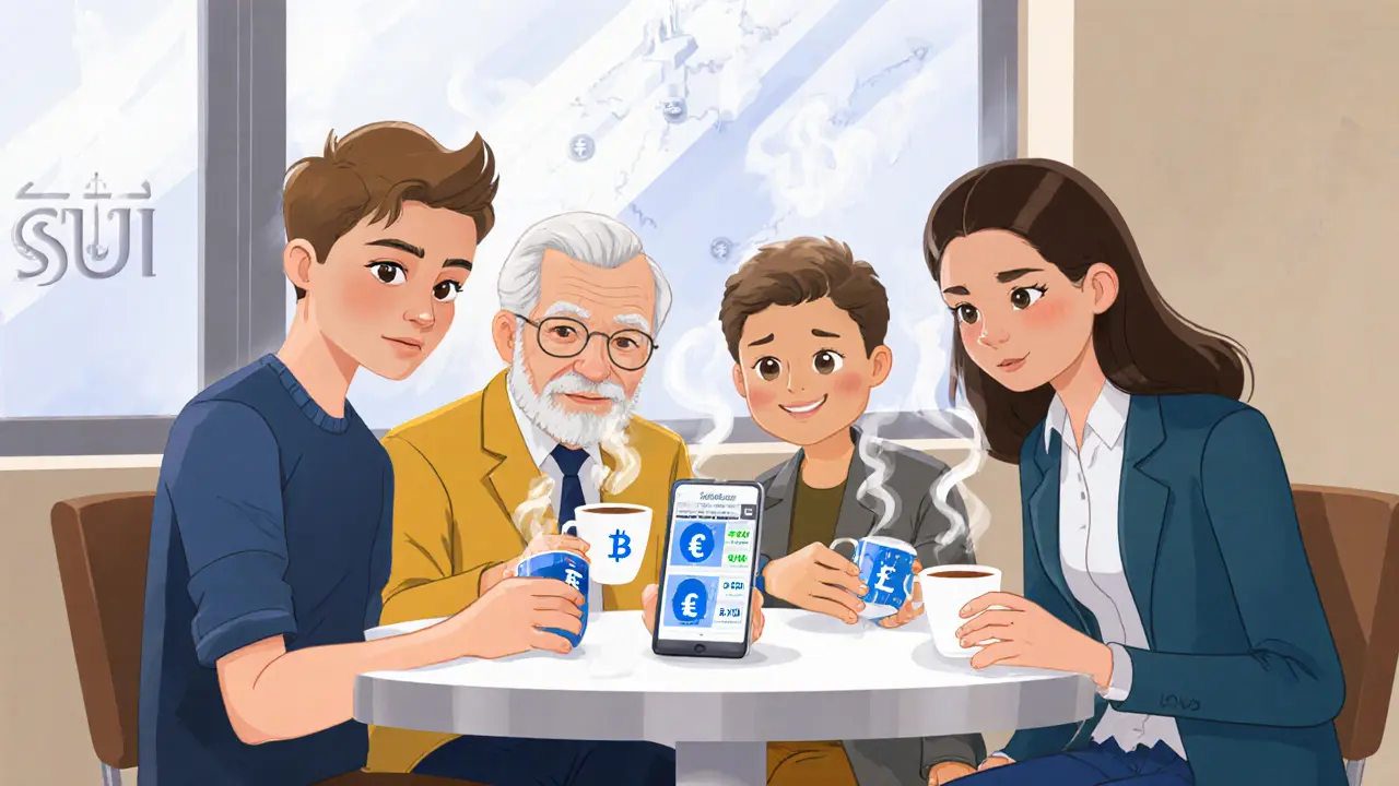 Famille diverse à une table de café en Suisse, regardant une application bancaire unifiée sur un téléphone.