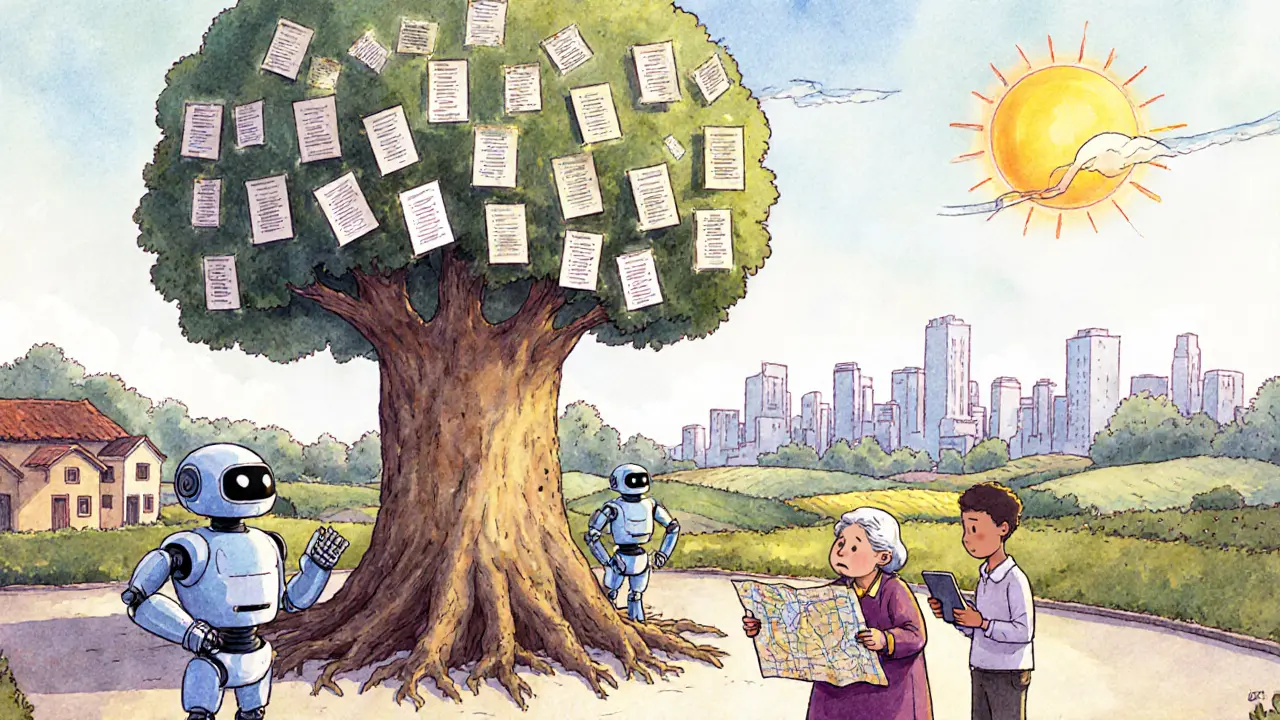 Un arbre de blockchain relie des documents anciens et numériques dans une place de village, aidant une personne âgée.