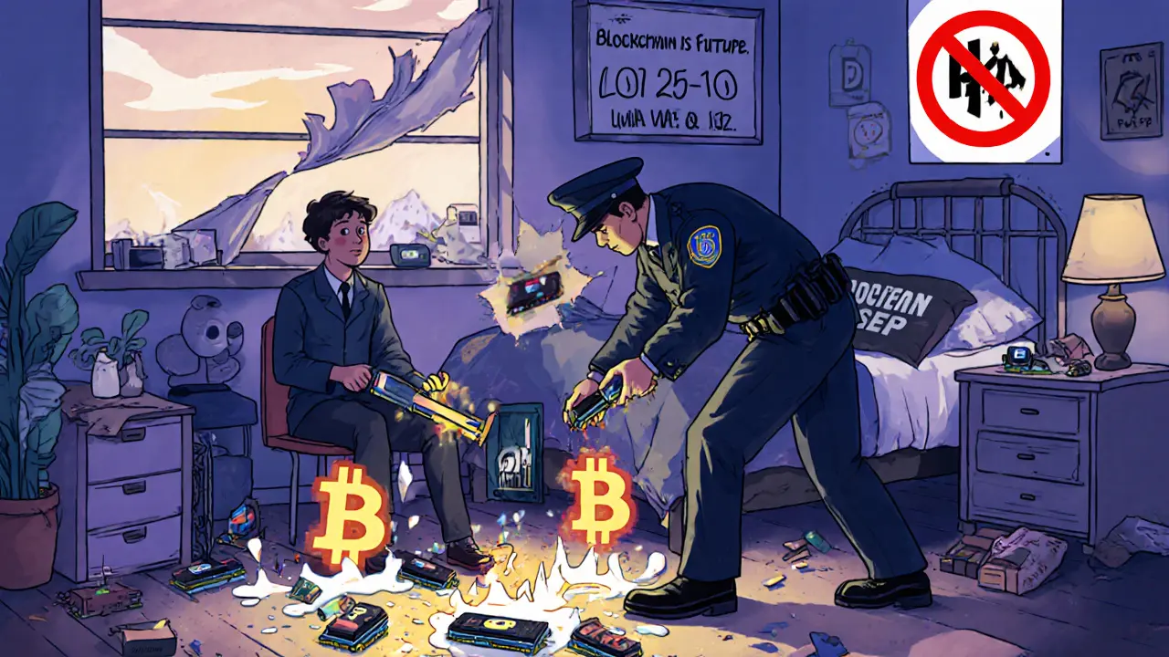 Un étudiant algérien voit ses cartes graphiques confisquées par la police, entouré de symboles de cryptomonnaies interdites.