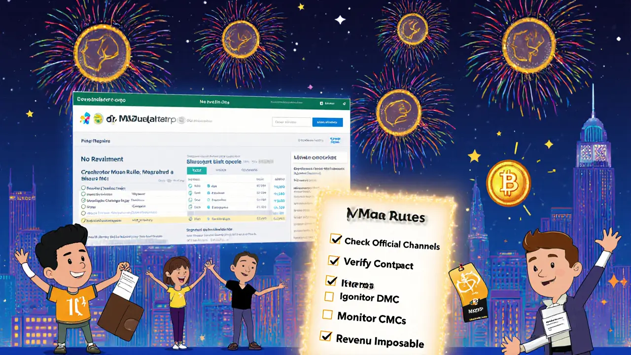 Célébration du Nouvel An 2026 avec des tokens WMX en feu d&#039;artifice et les règles d&#039;une airdrop légale.