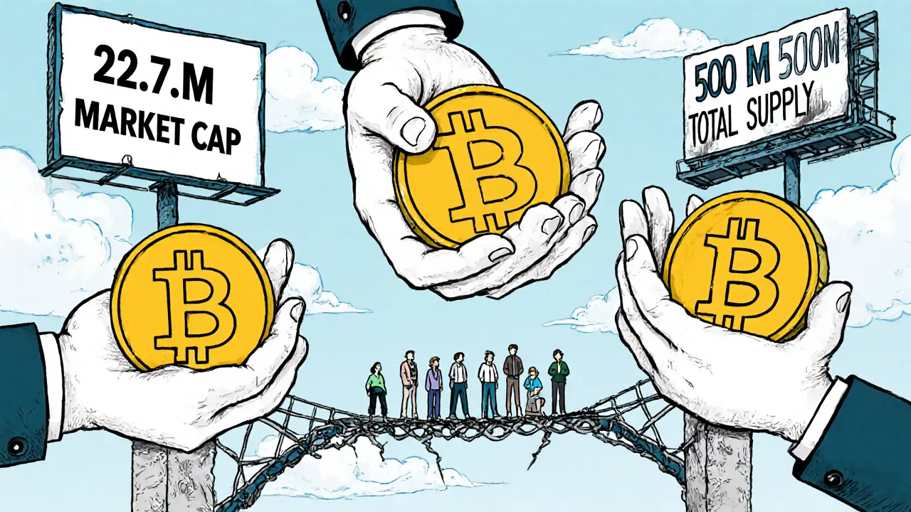 Cinq mains géantes tenant des jetons MOC au-dessus d&#039;une foule miniature sur un pont blockchain, style cartoon CalArts.