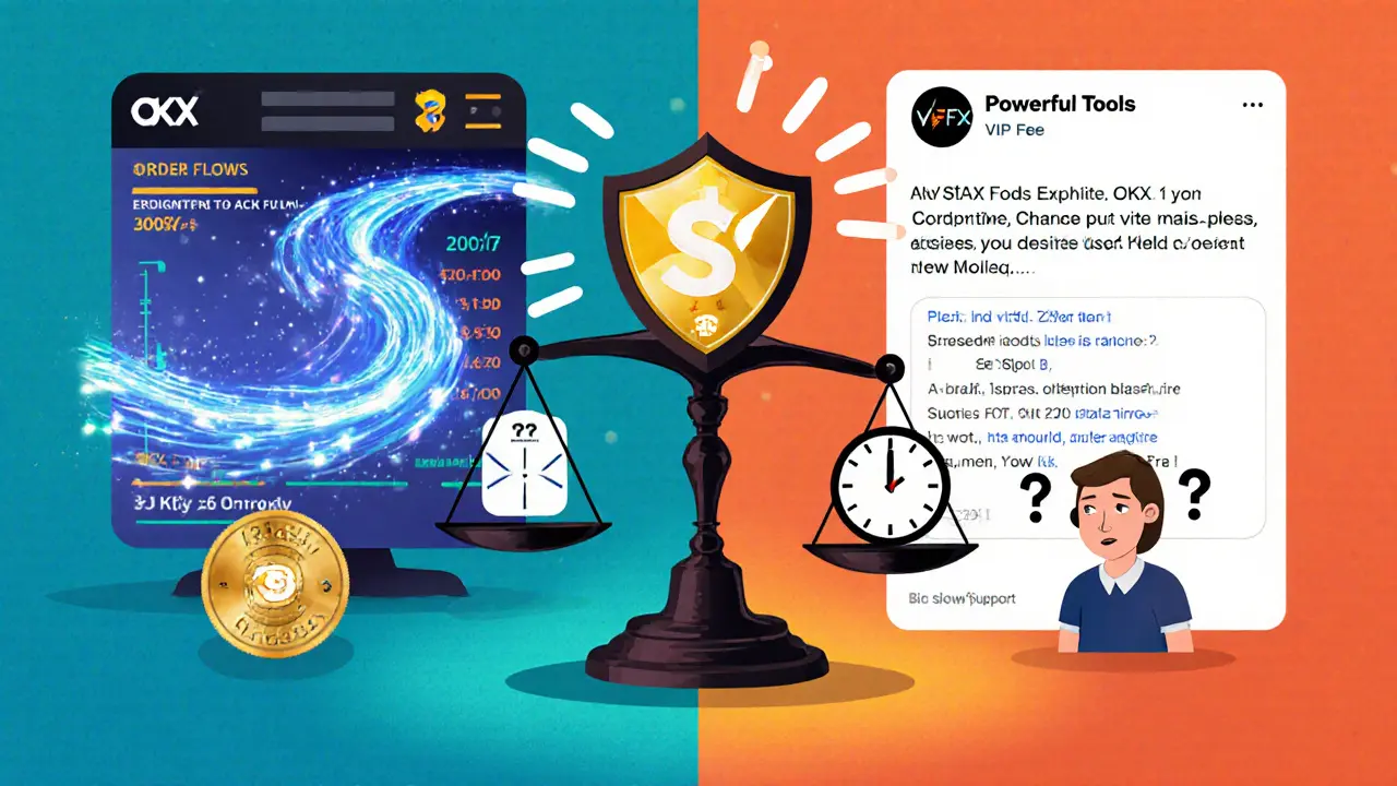 Comparaison visuelle entre les outils puissants d&#039;OKX et un support client lent, en style cartoon.