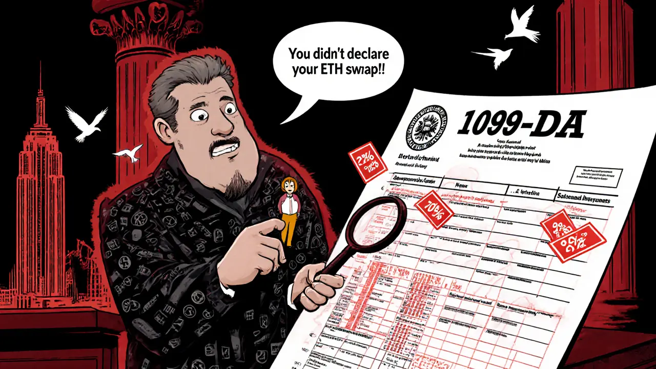 Homme jugé par l&#039;IRS pour n&#039;avoir pas déclaré une vente NFT, un formulaire 1099-DA géant derrière lui.