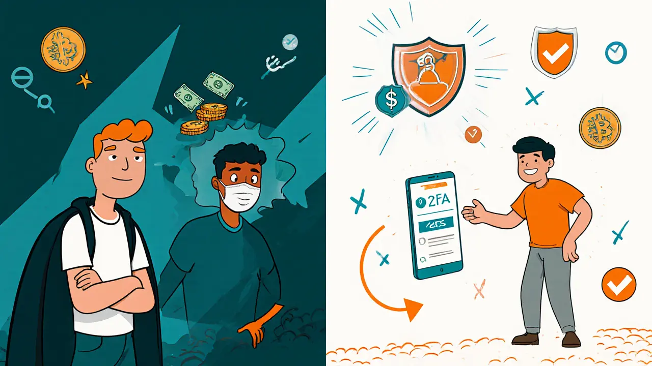 Scène en deux parties : un utilisateur naïf risquant une escroquerie à gauche, et un utilisateur prudent activant l&#039;authentification à deux facteurs à droite.