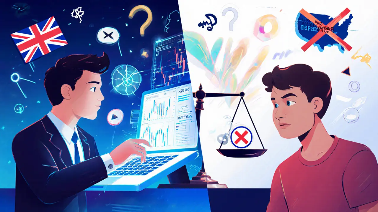 Un trader professionnel à gauche, un débutant perdu à droite, devant un écran complexe avec des avertissements réglementaires.