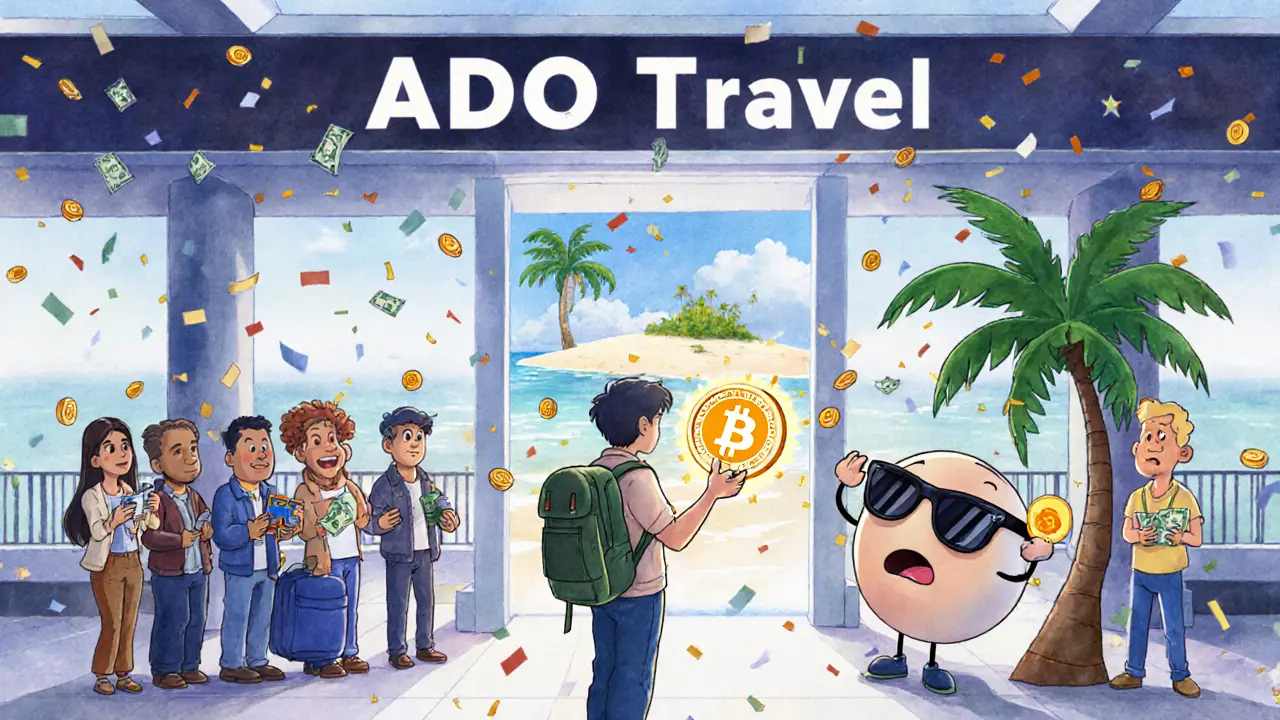 Un voyageur utilise un jeton ADO pour ouvrir une porte vers une île tropicale, tandis que d&#039;autres regardent, étonnés.