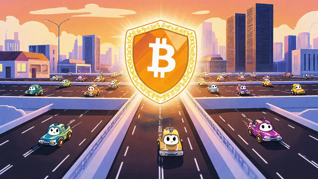 Une ville blockchain avec 19 routes parallèles et un bouclier de décentralisation brillant.