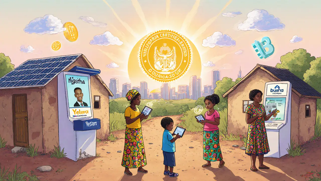 Village rural nigérian avec des kiosques solaires pour les crypto, des enfants regardant des tutoriels en langue locale, sous un badge SEC brillant.