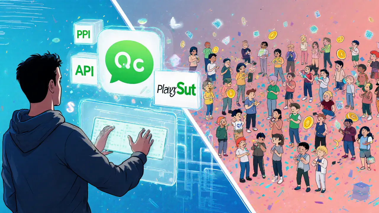 Développeur reliant une API PlaysOut à une application WeChat, avec des utilisateurs jouant partout.