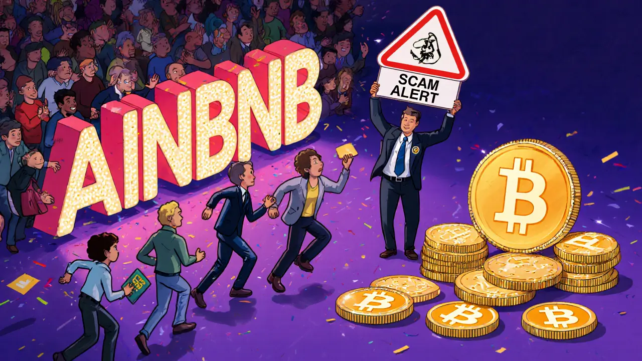 Une foule court vers un faux token AINBNB tandis qu&#039;un officiel de la SEC alerte sur une escroquerie.