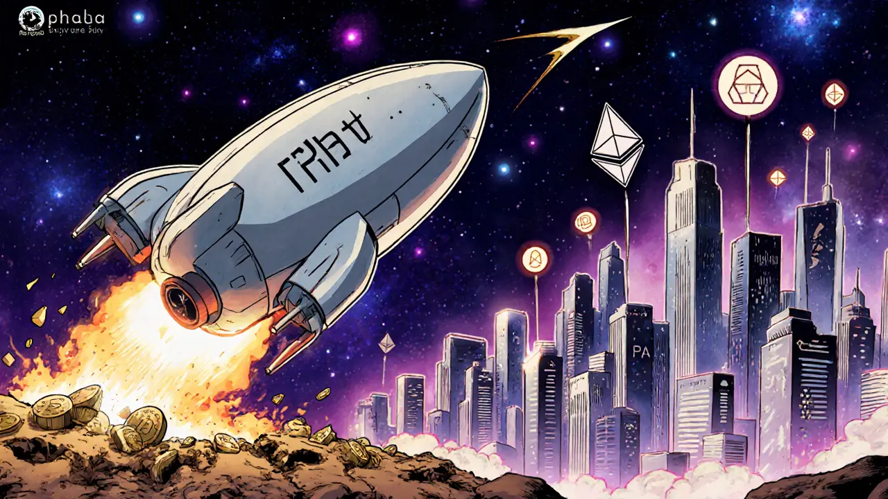 Une fusée Phala quitte Polkadot pour atterrir sur Ethereum, entourée de jetons et d&#039;icônes d&#039;applications.