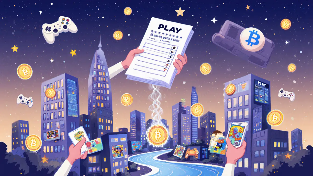 Ville futuriste où les téléphones sont des gratte-ciels, parcourus par des jetons PLAY et des contrôleurs de jeu.