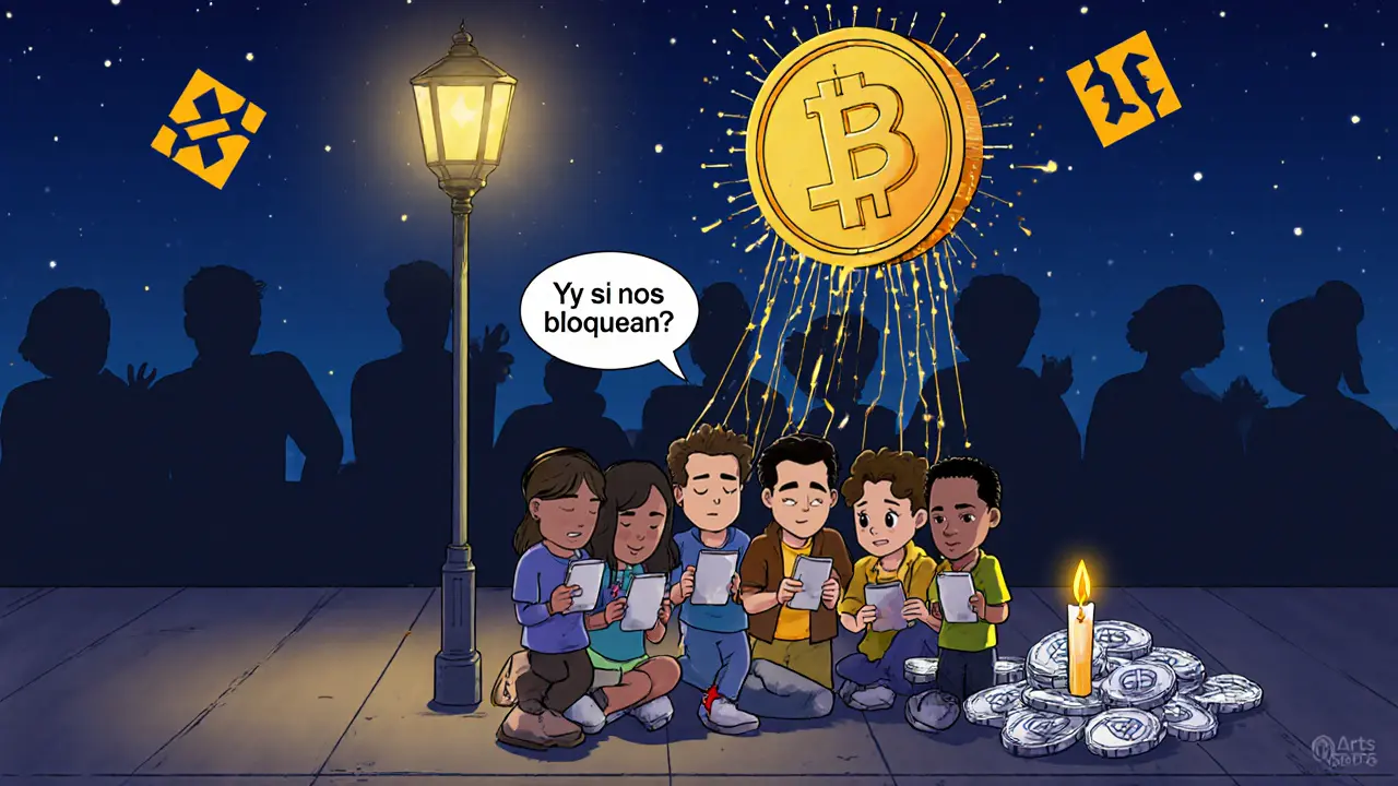 Des gens se tiennent sous une lampe, connectés à un jeton USDT flottant, tandis que des ombres de sanctions les menacent.