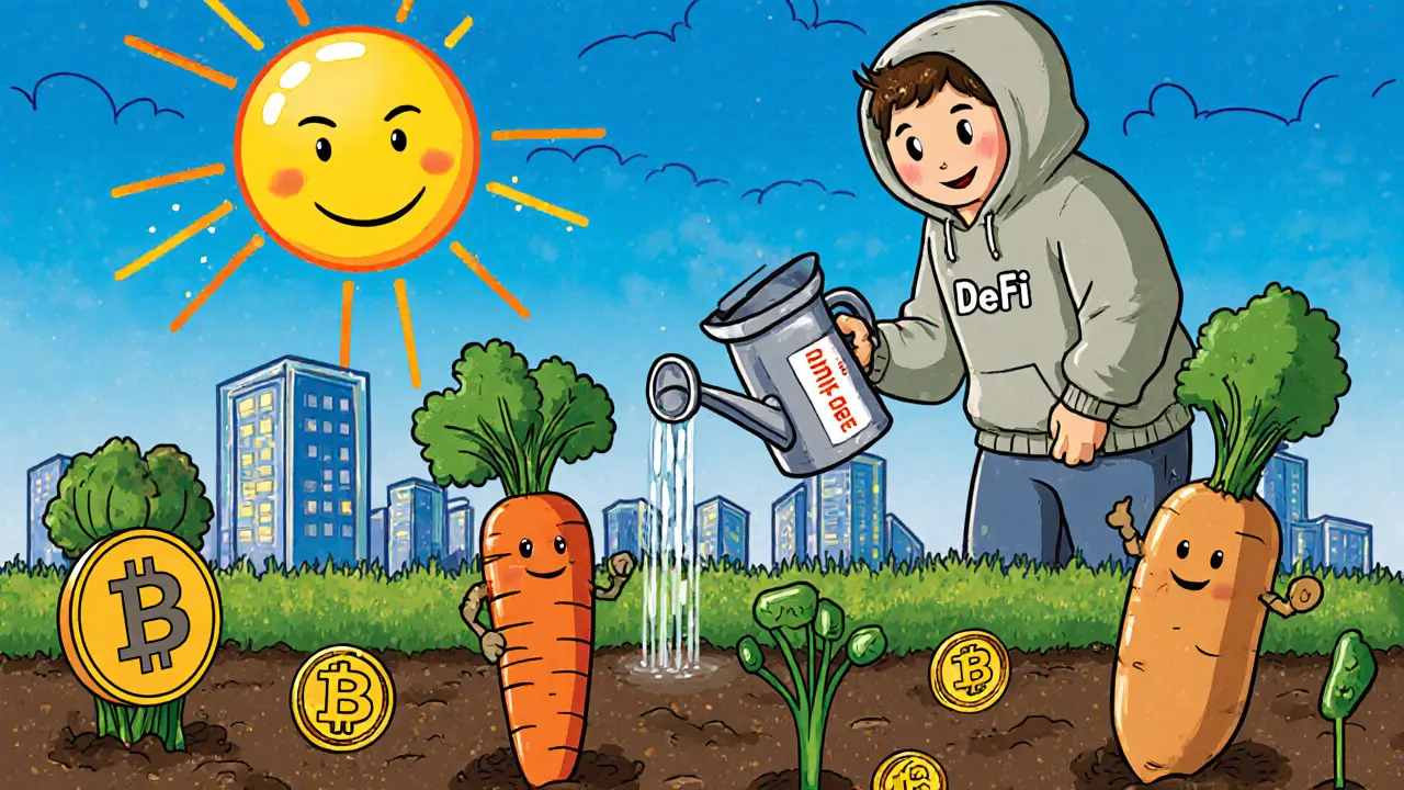 Des jetons en forme de légumes poussent dans une ferme DeFi, arrosés par un fermier souriant.