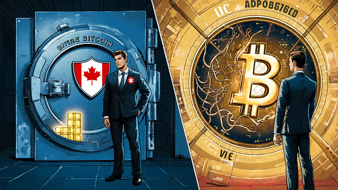 Un coffre-fort canadien sécurisé avec du Bitcoin réel face à un coffre américain avec des contrats à terme.