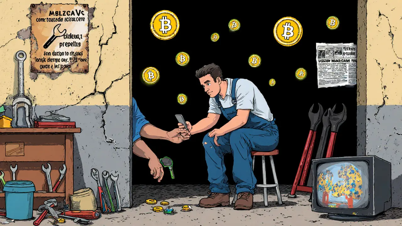 Un mécanicien reçoit un transfert Bitcoin dans son atelier, entouré d&#039;outils et d&#039;affiches déchirées.