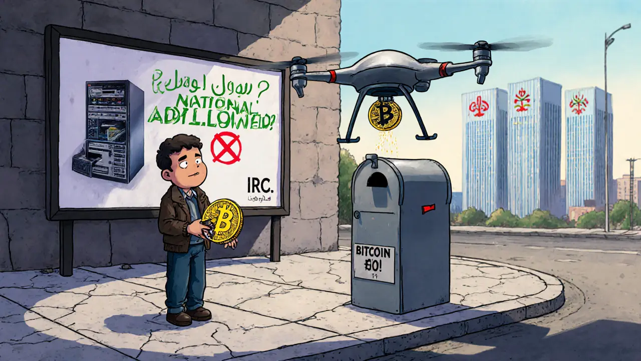 Un mineur regarde un drone déposer une monnaie numérique nationale, tandis qu&#039;une affiche interdit les crypto-monnaies.