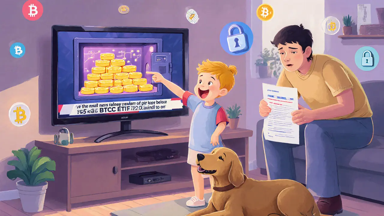 Une famille canadienne regarde la naissance du premier ETF Bitcoin à la télévision, avec un coffre-fort rempli de Bitcoin.