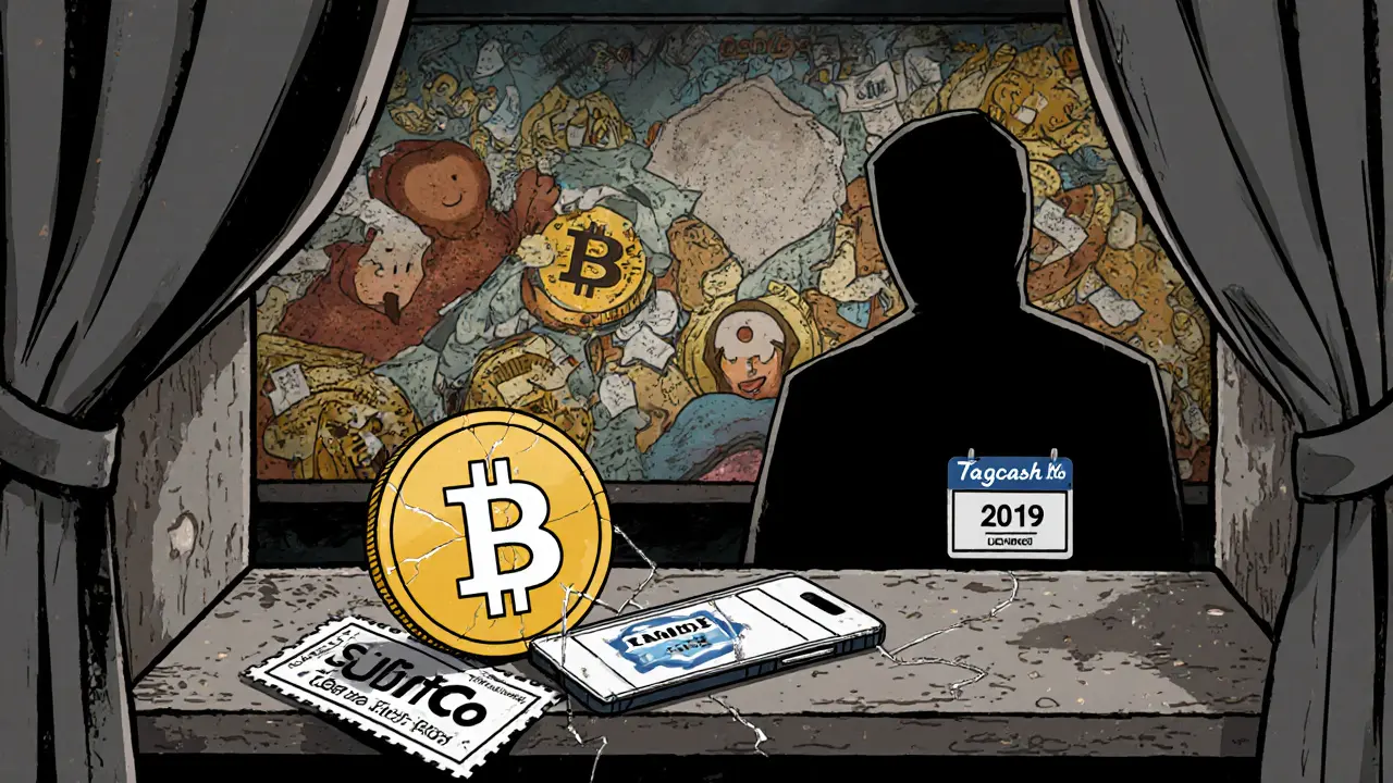 Une pièce TAG oubliée sur une étagère avec des coupons périmés, dans un décor décoloré.