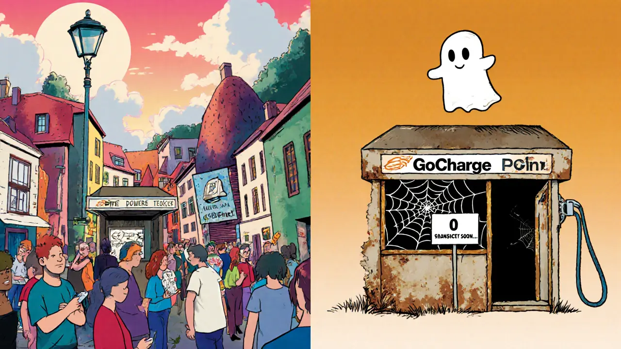 Comparaison satirique : stations de recharge actives à gauche, booth GoCharge Tech abandonné à droite.