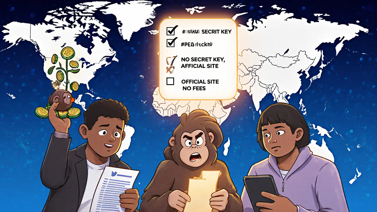 Des personnages cartoon interagissent avec une carte des blockchains, certains effectuent des tâches, d&#039;autres vérifient des adresses officielles.