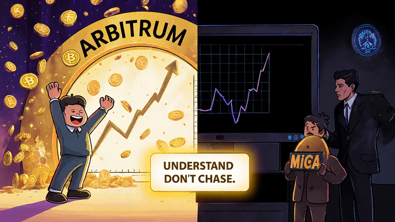 Scène divisée : d&#039;un côté, une célébration d&#039;air-drop réussi, de l&#039;autre, une chute de valeur avec des régulateurs ; au centre, un message de prudence.