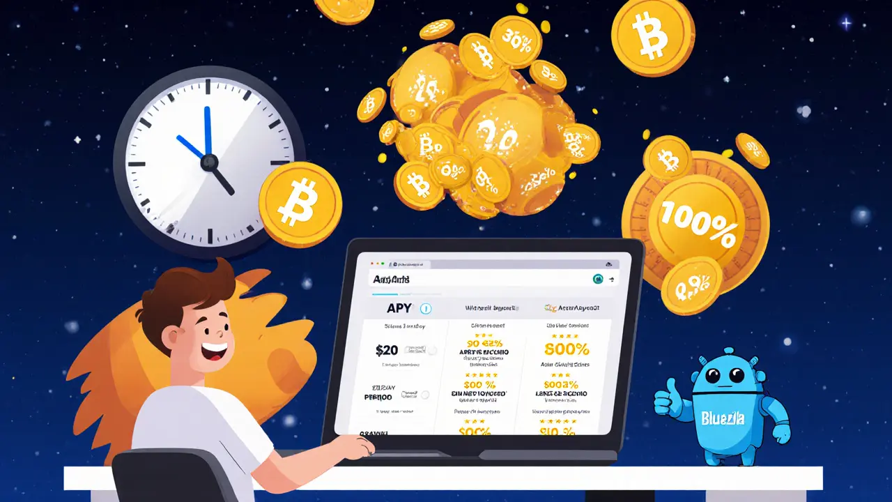 Un utilisateur stakant des jetons ASTRO avec des pourcentages APY en hausse et un robot BlueZilla qui approuve.