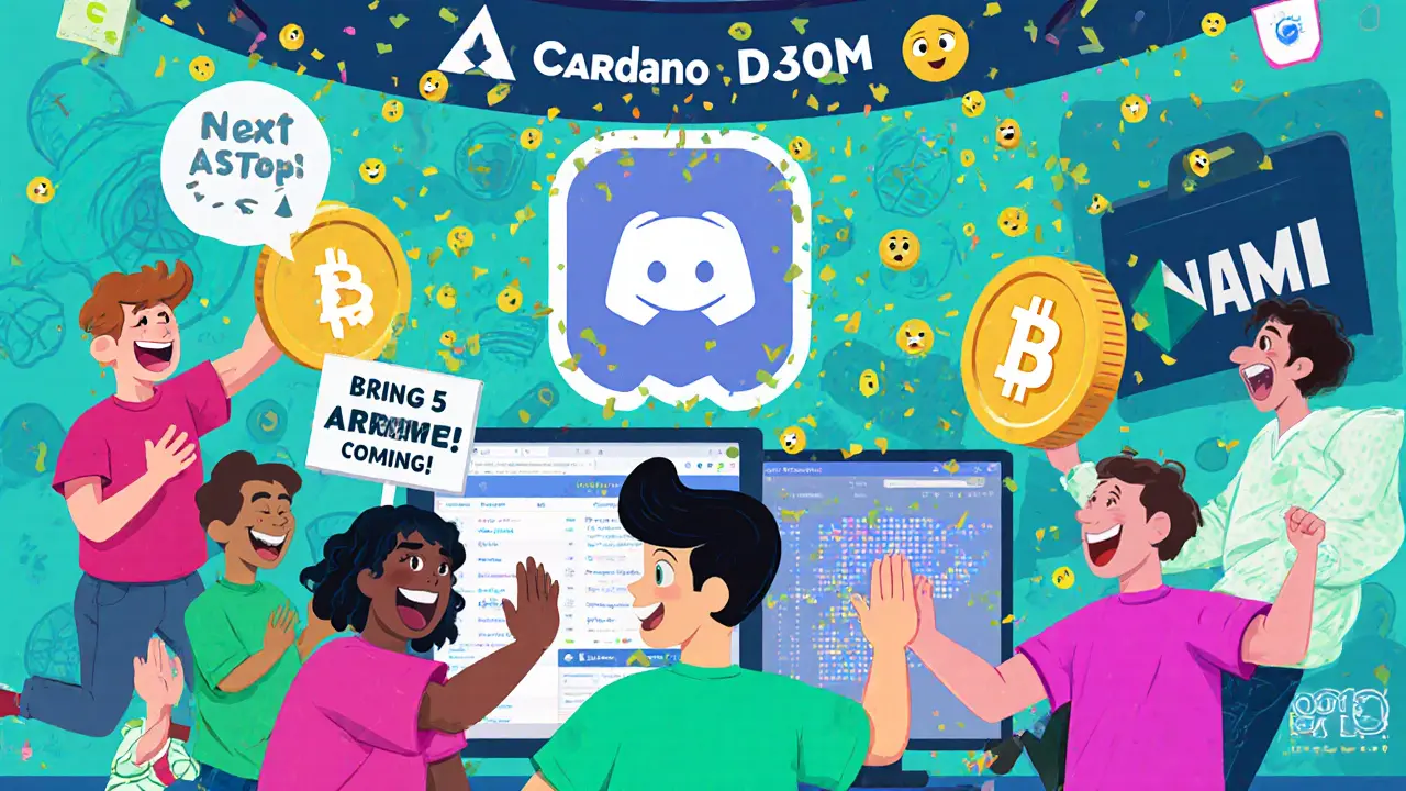 Une communauté joyeuse sur Discord célébrant un prochain airdrop ASTRO avec des memes et des jetons qui tombent du ciel.