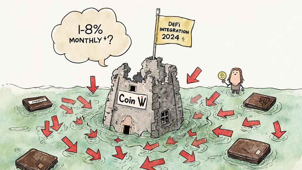 Une tour CoinW en déclin, entourée de flèches baissières et de promesses vagues en style cartoon.