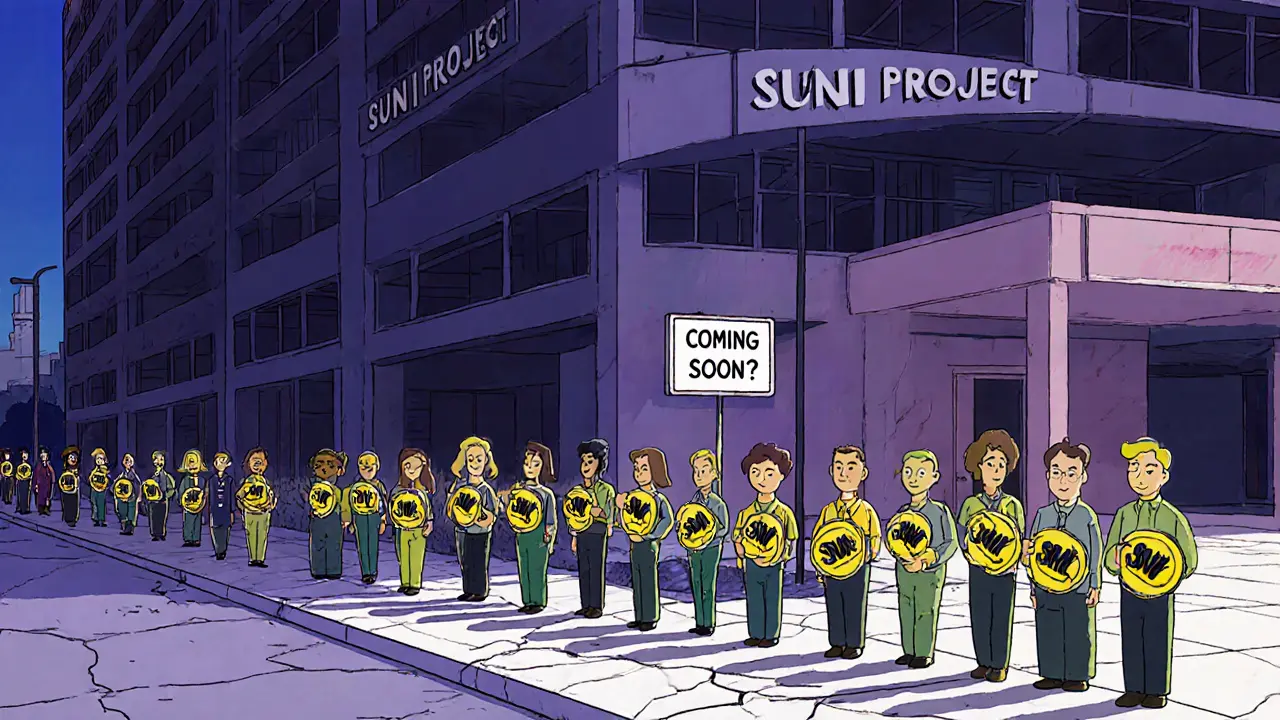 850 petits personnages tiennent des tokens SUNI devant un bâtiment vide sans porte ni fenêtre.