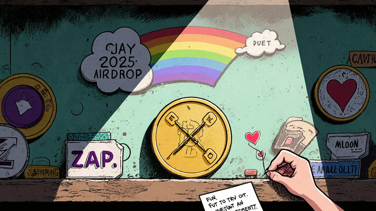 Un jeton DUET isolé sur une étagère parmi d&#039;autres cryptos oubliés.