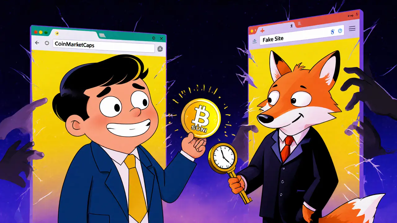 Un utilisateur hésite entre un airdrop légitime et un piège, un renard lui offrant un token mystérieux.